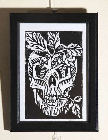 Black and white print of a skull