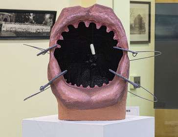 A mouth pried open by four hooks