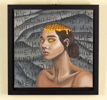 a woman seen in front of a bee hive covered in the phrase "hive mind". her head is filled with honey and tears are yellow