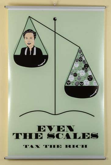 Two sides of the justice scale depicting Elon Musk above an array of sad faces. 