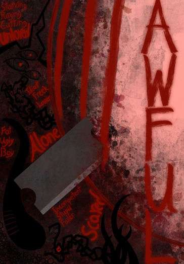 Skin being pierced by a razor blade surrounded by hurtful words written in blood. 